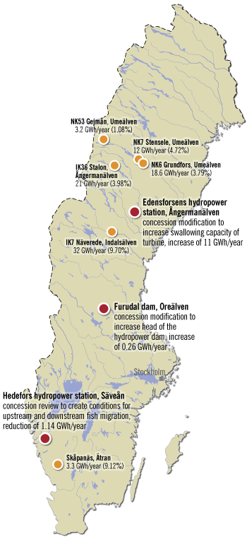 Hydropower in Sweden 1990-2012, case study map