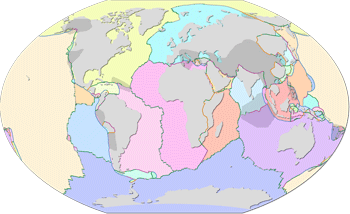 Example map showing tectonic plates, orogens and plate boundaries